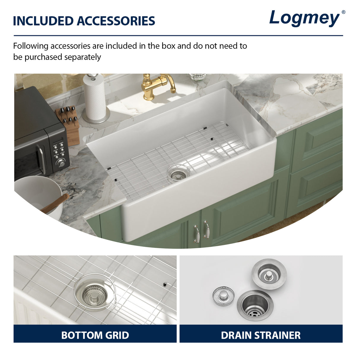 Logmey 33''x 18'' White Fireclay Farmhouse Kitchen Sink
