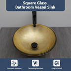 Logmey 16" Glass Bathroom Vessel Sink Vanity Countertop Round Bowl with Black Faucet and Chrome Pop up Drain Set,Glass Art Basin,Light Golden Amber