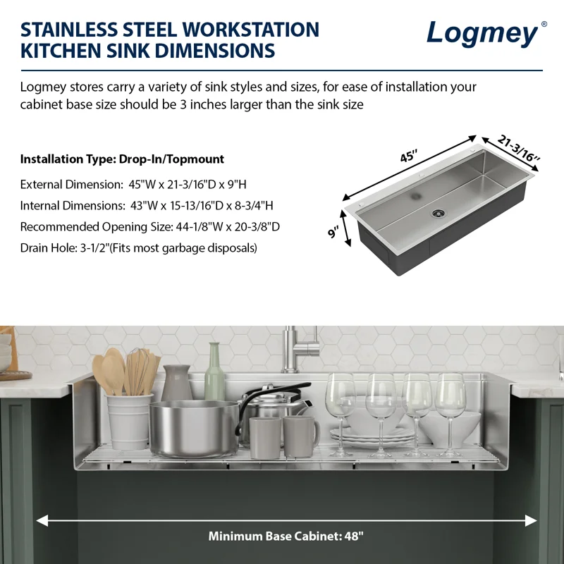 Logmey 45'' Kitchen Sink - Drop-In Single Bowl R10 Round Corner - Silver Stainless Steel Workstation with Premium Mahogany Accessories