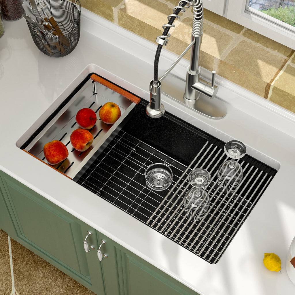 Logmey 33x19 Seamless Undermount Black Quartz Kitchen Sink Combo