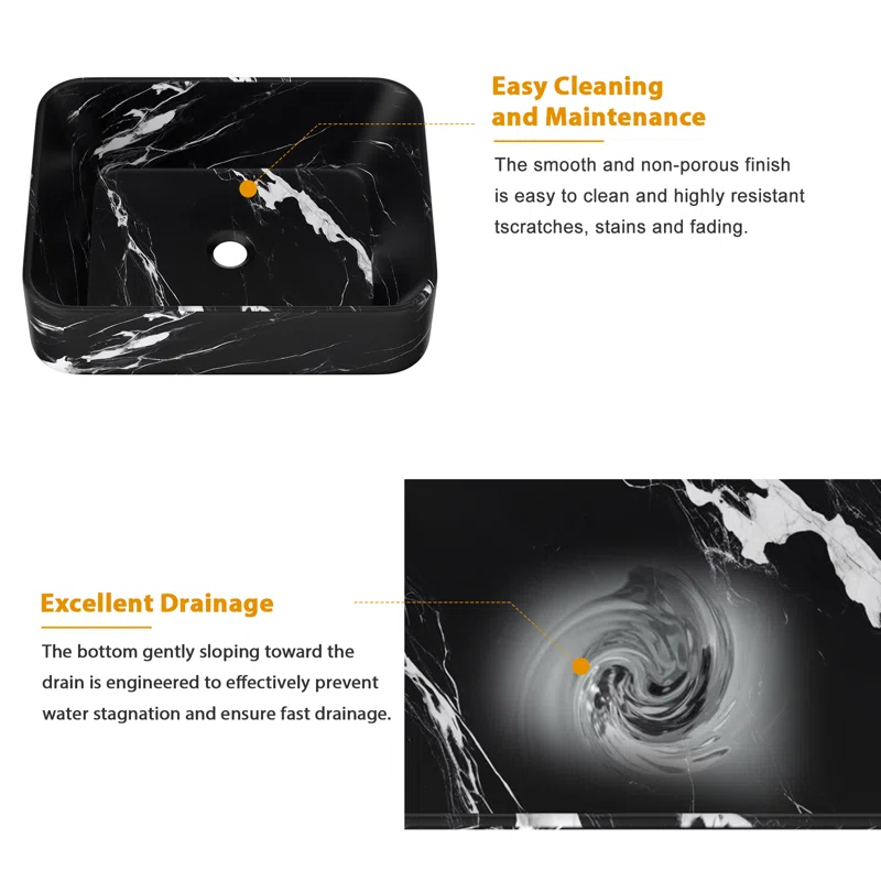Logmey 19" x 15" Rectangular Bathroom Vessel Sink - Black Marble Vein Ceramic Above-Counter Vanity Basin
