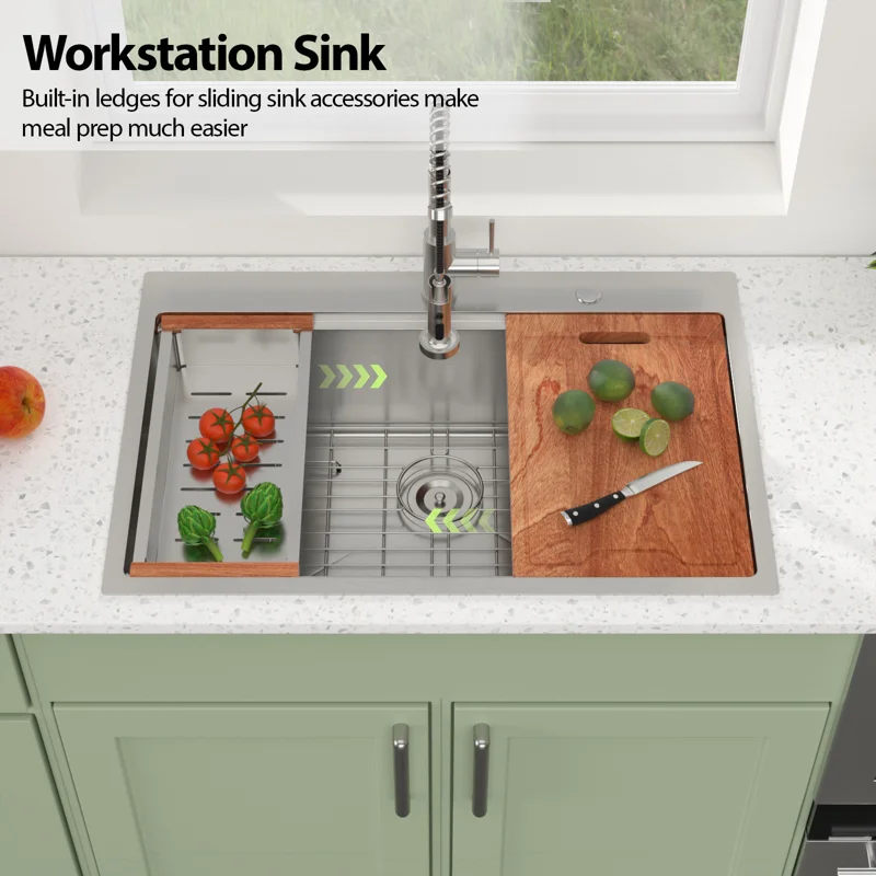 Logmey 30'' x 22''Drop-In Workstation Kitchen Sink - 16 Gauge SUS304 Stainless Steel Single Bowl Topmount Basin with Accessories