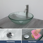 Logmey 16" Glass Bathroom Vessel Sink with Faucet and Pop up Drain Set,Countertop Round Bowl Glass Art Basin,Clear