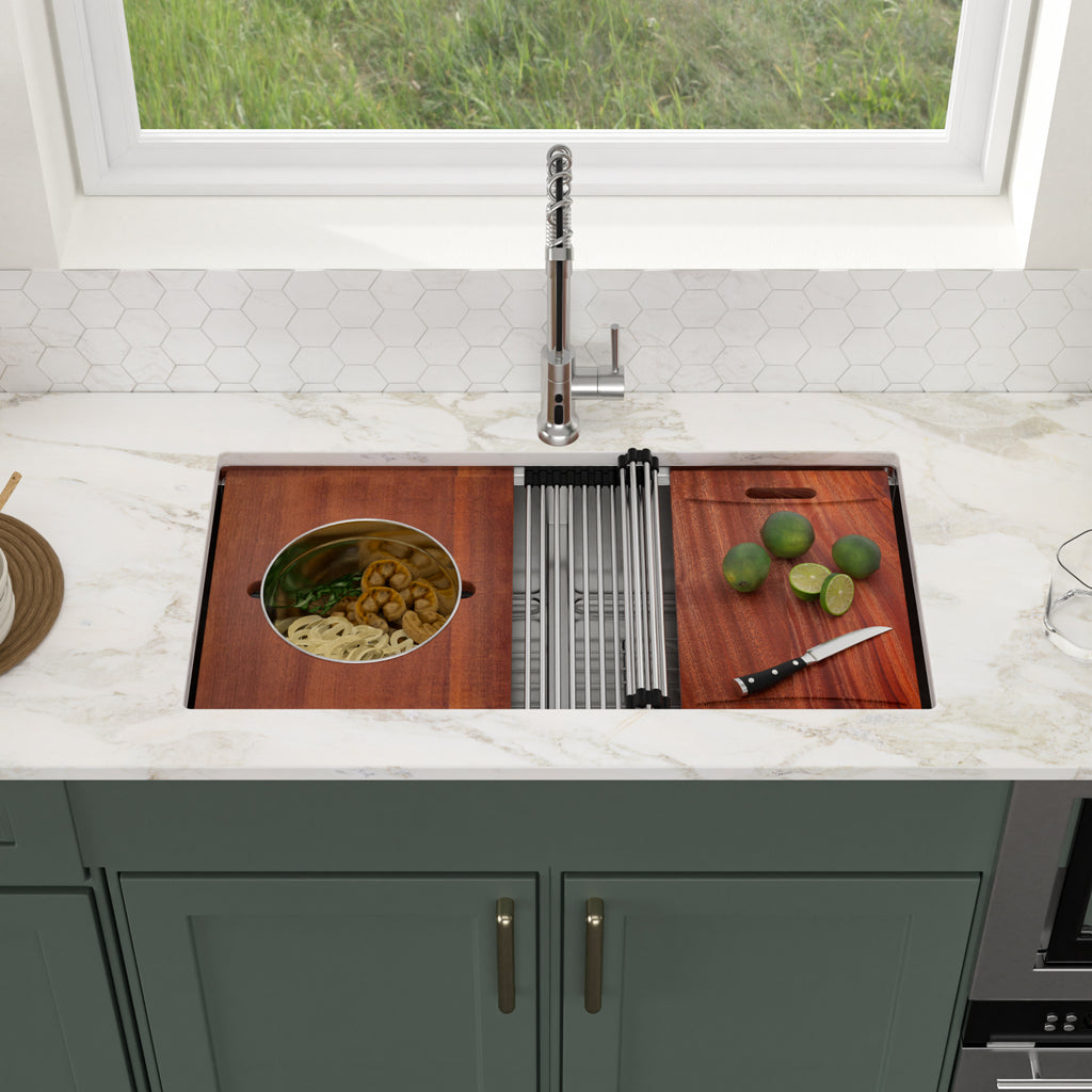Logmey 36'' x 19'' Undermount 50/50 Double Bowl Workstation Kitchen Sink - 16 Gauge Stainless Steel 10'' Deep Low-Divide Basin with Pop-Up Drains