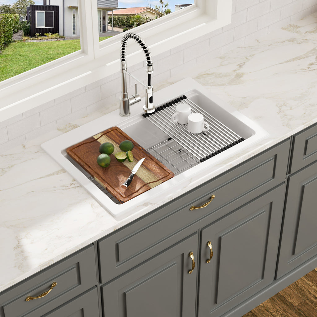 Logmey 33x22 Heavy Duty Glossy White Ceramic Drop-In Culinary Workstation Sink Combo