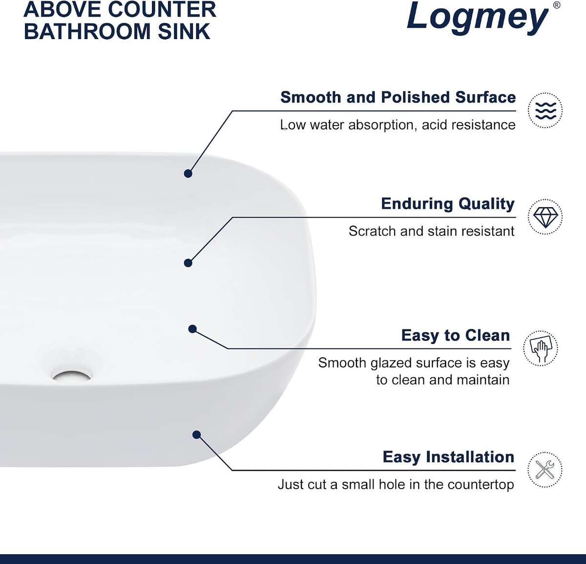 Logmey 18x14 Modern Rounded Rectangle Bathroom Vessel Sink