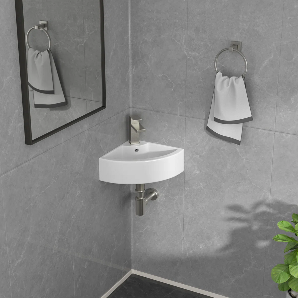 Logmey 18" Corner Wall Mounted Sink - White Floating Triangle Ceramic Basin