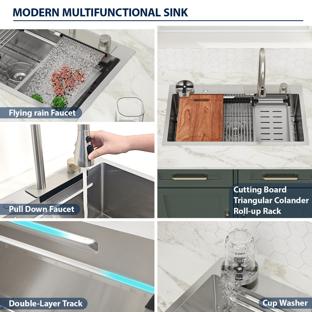 Logmey 33 Inch Topmount Stainless Steel Workstation Sink - Flying Rain Waterfall Pull-Down Faucet
