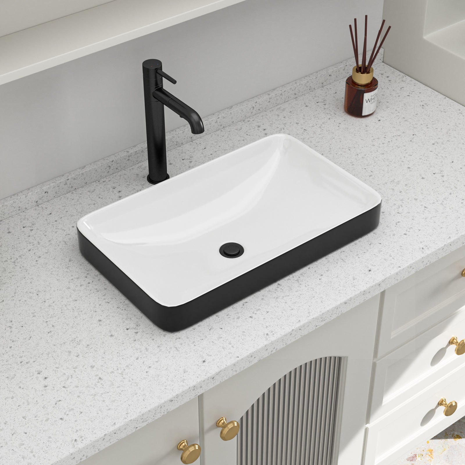 Logmey 19'' Semi-Recessed Vanity Basin - Black & White Rectangular Ceramic Sink