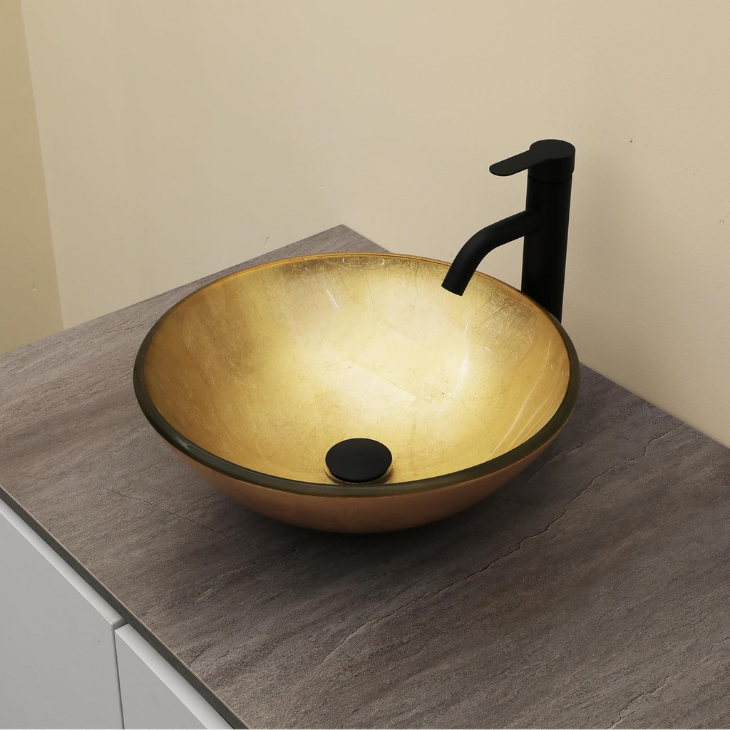 Logmey 16" Glass Bathroom Vessel Sink Vanity Countertop Round Bowl with Black Faucet and Chrome Pop up Drain Set,Glass Art Basin,Light Golden Amber