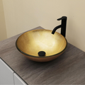 Logmey 16" Glass Bathroom Vessel Sink Vanity Countertop Round Bowl with Black Faucet and Chrome Pop up Drain Set,Glass Art Basin,Light Golden Amber
