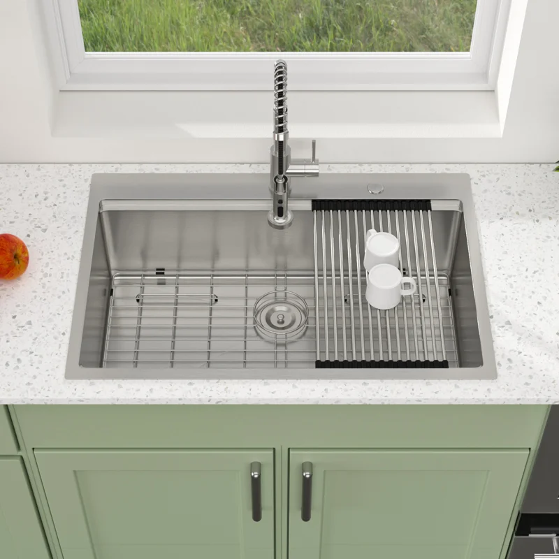 Logmey 30'' x 22''Drop-In Workstation Kitchen Sink - 16 Gauge SUS304 Stainless Steel Single Bowl Topmount Basin with Accessories