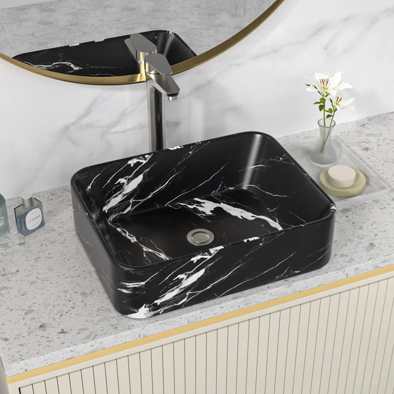 Logmey 19" x 15" Rectangular Bathroom Vessel Sink - Black Marble Vein Ceramic Above-Counter Vanity Basin
