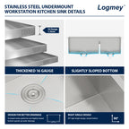 Logmey 33'' x 19'' Undermount 60/40 Double Bowl Workstation Kitchen Sink