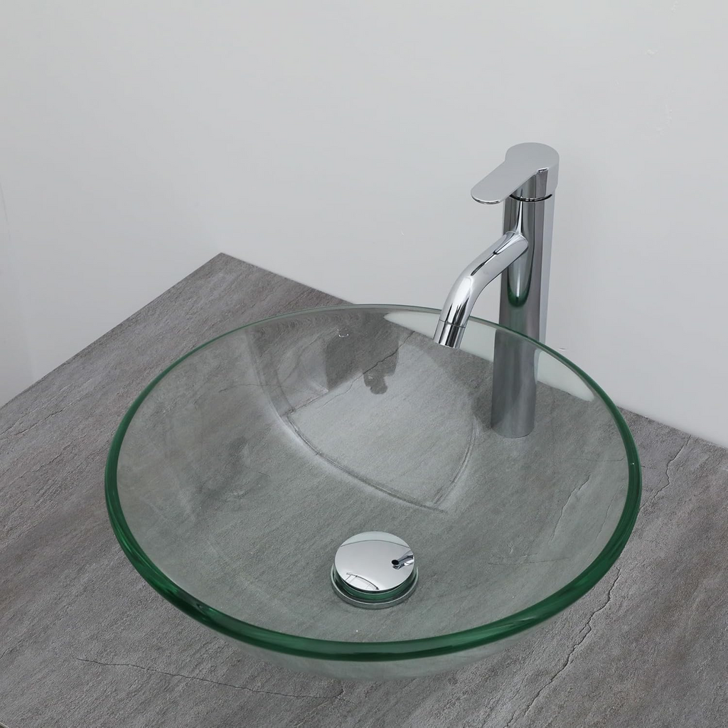 Logmey 16" Glass Bathroom Vessel Sink with Faucet and Pop up Drain Set,Countertop Round Bowl Glass Art Basin,Clear