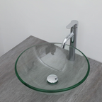 Logmey 16" Glass Bathroom Vessel Sink with Faucet and Pop up Drain Set,Countertop Round Bowl Glass Art Basin,Clear