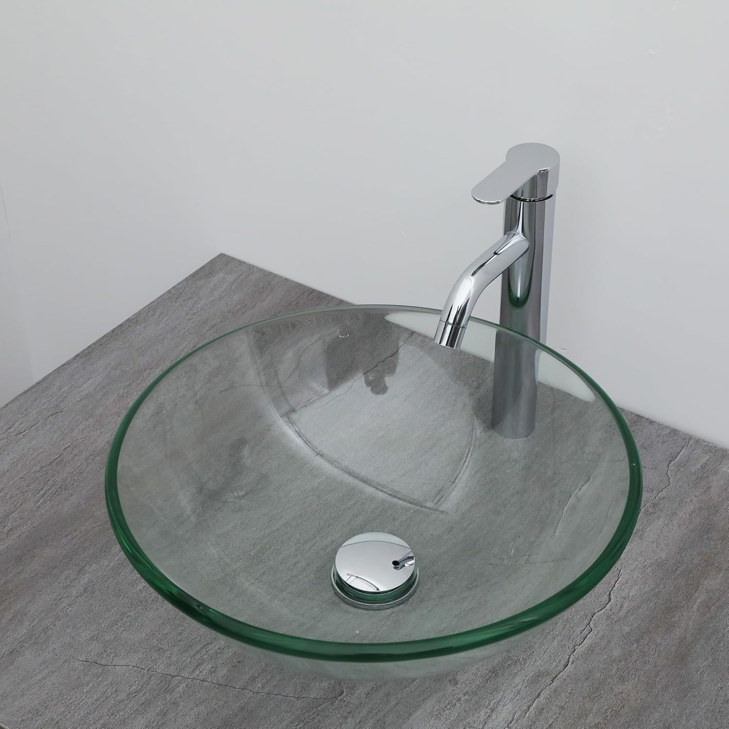 Logmey 16" Glass Bathroom Vessel Sink with Faucet and Pop up Drain Set,Countertop Round Bowl Glass Art Basin,Clear