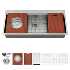 Logmey 45'' Kitchen Sink - Drop-In Single Bowl R10 Round Corner - Silver Stainless Steel Workstation with Premium Mahogany Accessories