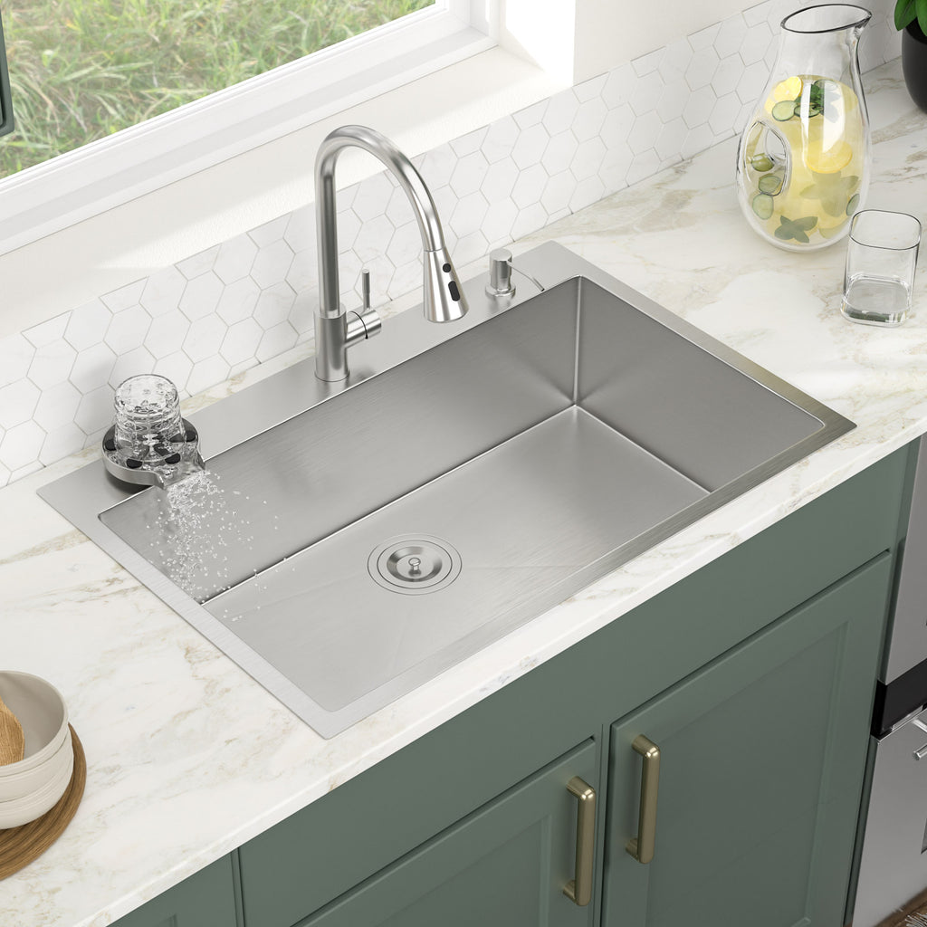 Logmey 33 Inch Topmount Kitchen Sink with Pull-Down Sprayer Faucet & Glass Rinser