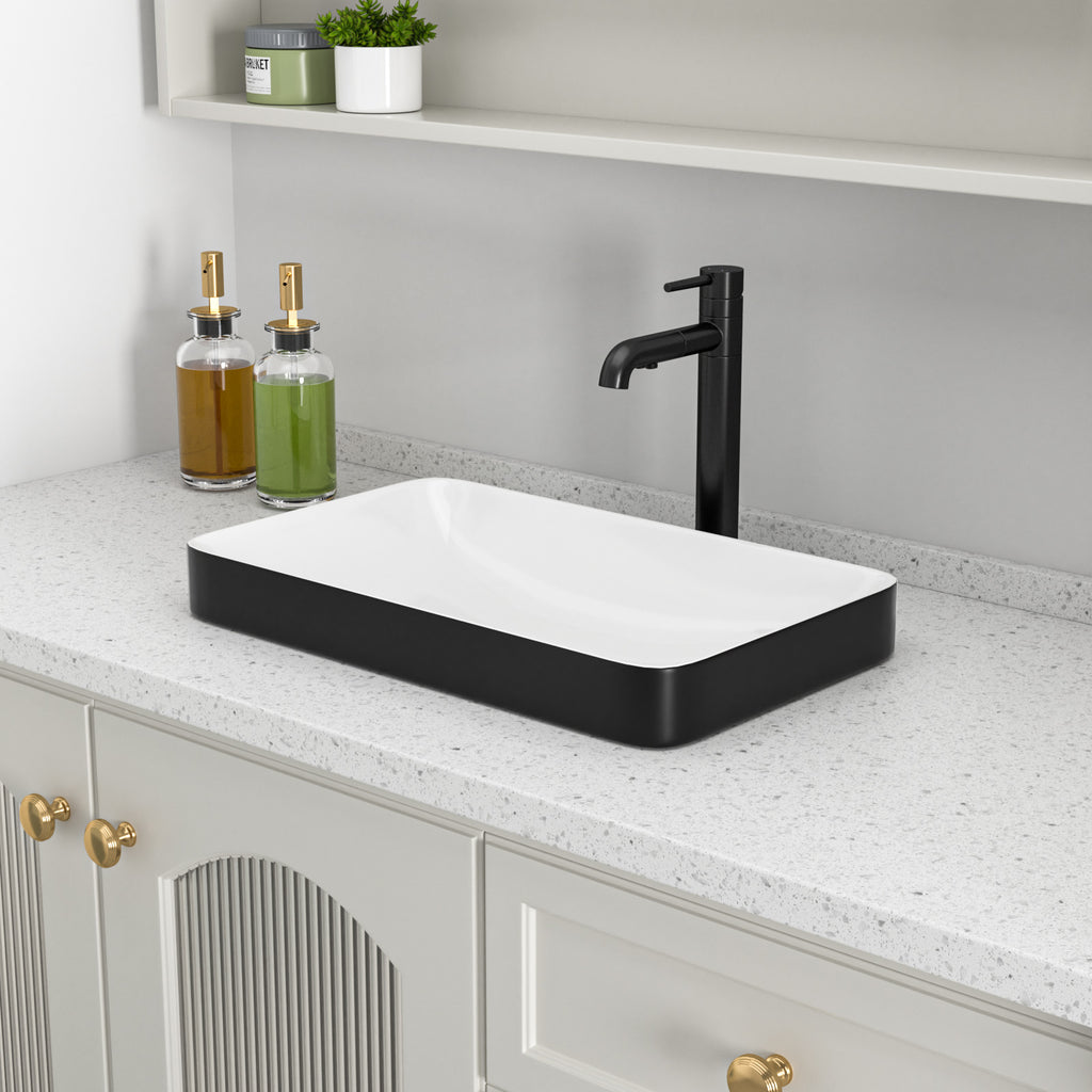 Logmey 19'' Semi-Recessed Vanity Basin - Black & White Rectangular Ceramic Sink