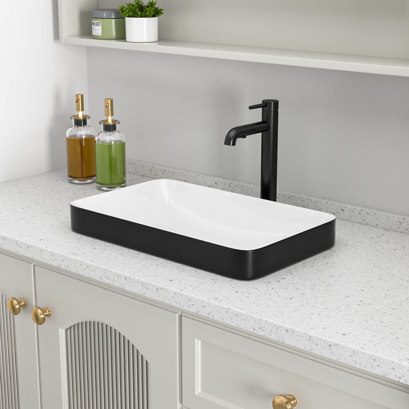 Logmey 19'' Semi-Recessed Vanity Basin - Black & White Rectangular Ceramic Sink