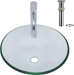 Logmey 16" Glass Bathroom Vessel Sink with Faucet and Pop up Drain Set,Countertop Round Bowl Glass Art Basin,Clear