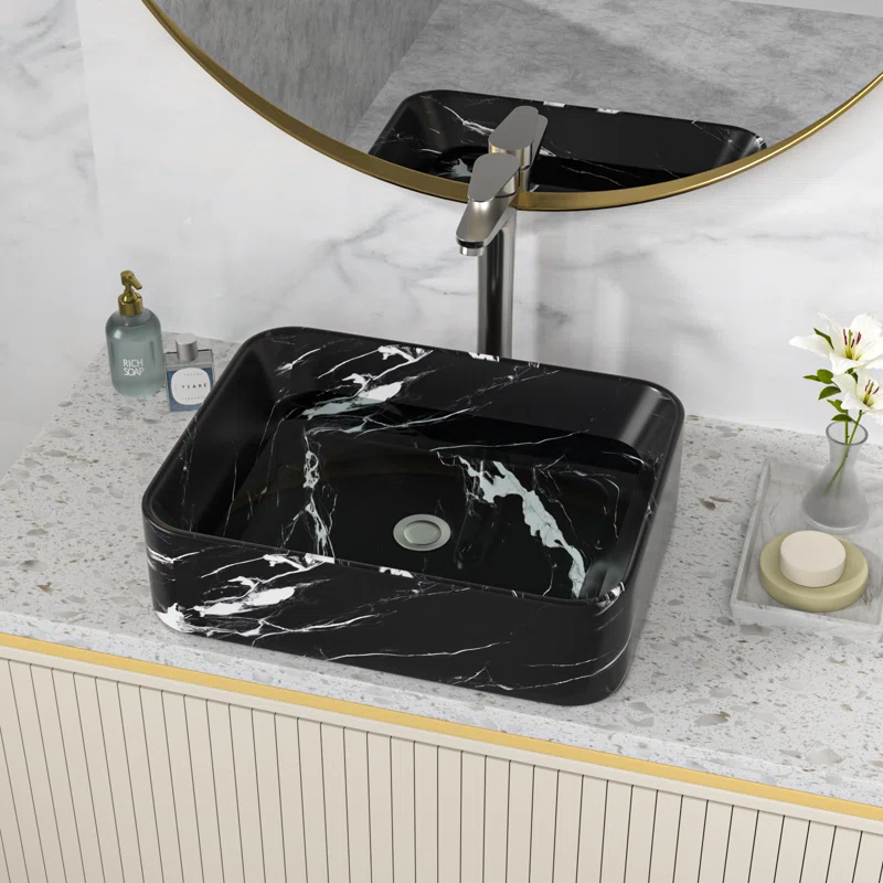 Logmey 19" x 15" Rectangular Bathroom Vessel Sink - Black Marble Vein Ceramic Above-Counter Vanity Basin