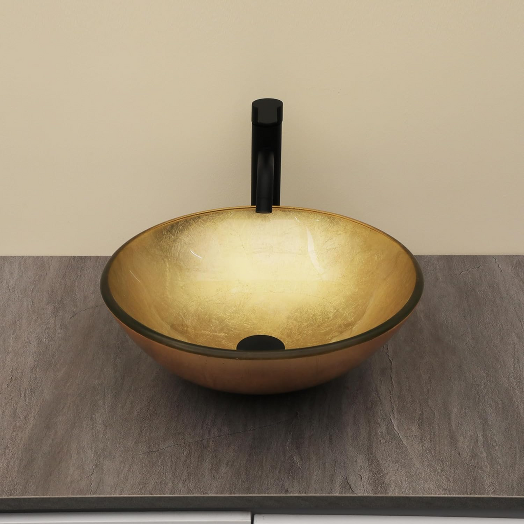 Logmey 16" Glass Bathroom Vessel Sink Vanity Countertop Round Bowl with Black Faucet and Chrome Pop up Drain Set,Glass Art Basin,Light Golden Amber