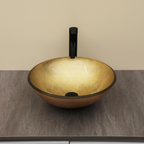 Logmey 16" Glass Bathroom Vessel Sink Vanity Countertop Round Bowl with Black Faucet and Chrome Pop up Drain Set,Glass Art Basin,Light Golden Amber