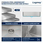 Logmey 45'' Kitchen Sink - Drop-In Single Bowl R10 Round Corner - Silver Stainless Steel Workstation with Premium Mahogany Accessories