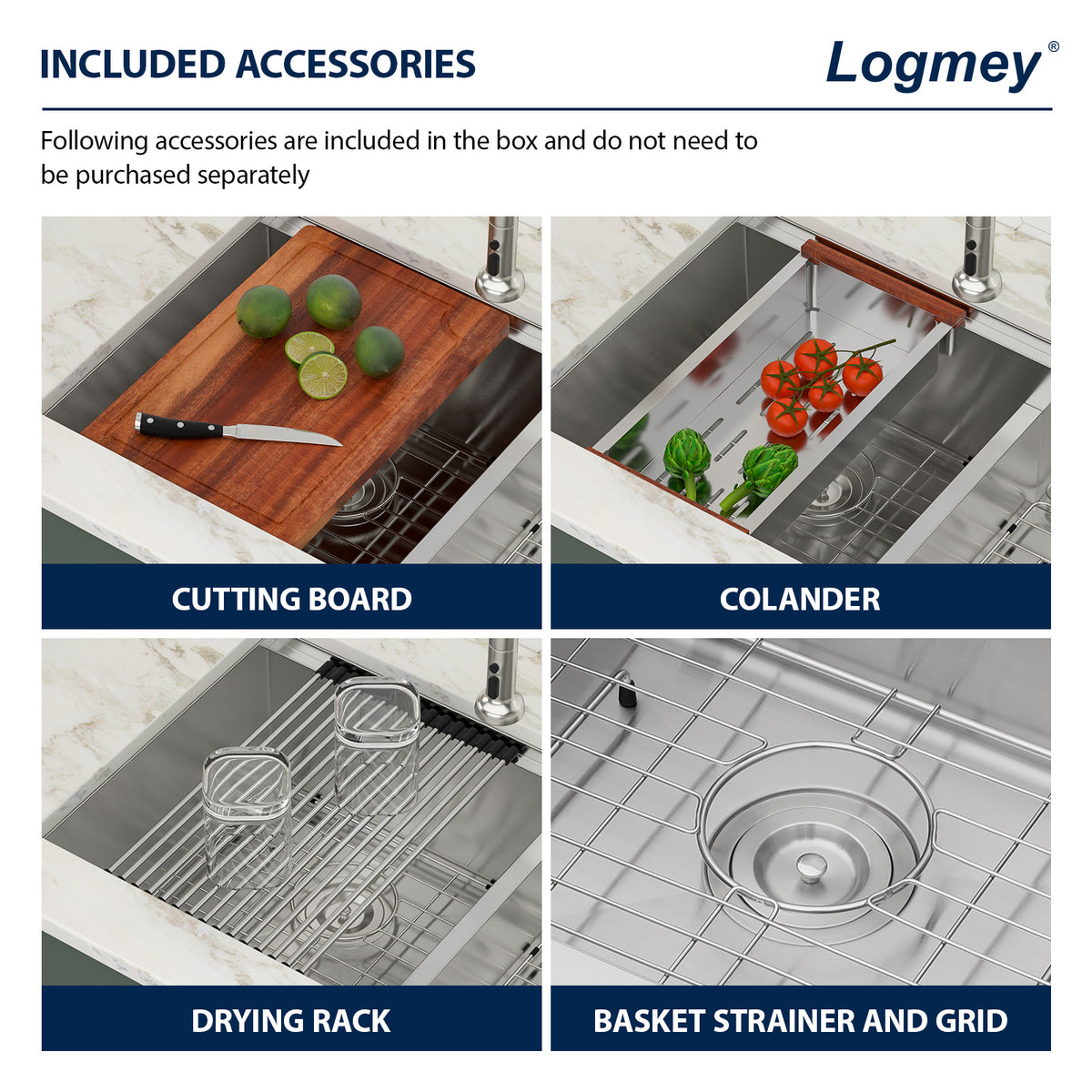 Logmey 33'' x 19'' Undermount 60/40 Double Bowl Workstation Kitchen Sink