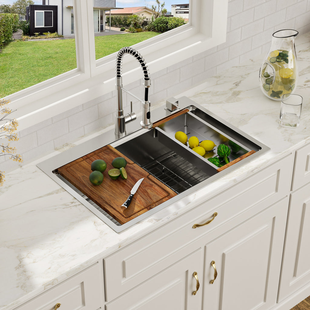 Logmey 33'' Workstation Kitchen Sink - Drop-In Single Bowl - Silver Stainless Steel