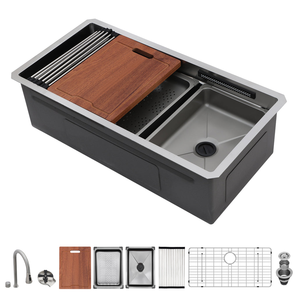 Logmey 33'' Waterfall Kitchen Sink - Undermount Single Bowl with Pull-out Faucet & Control Knob - Silver Stainless Steel