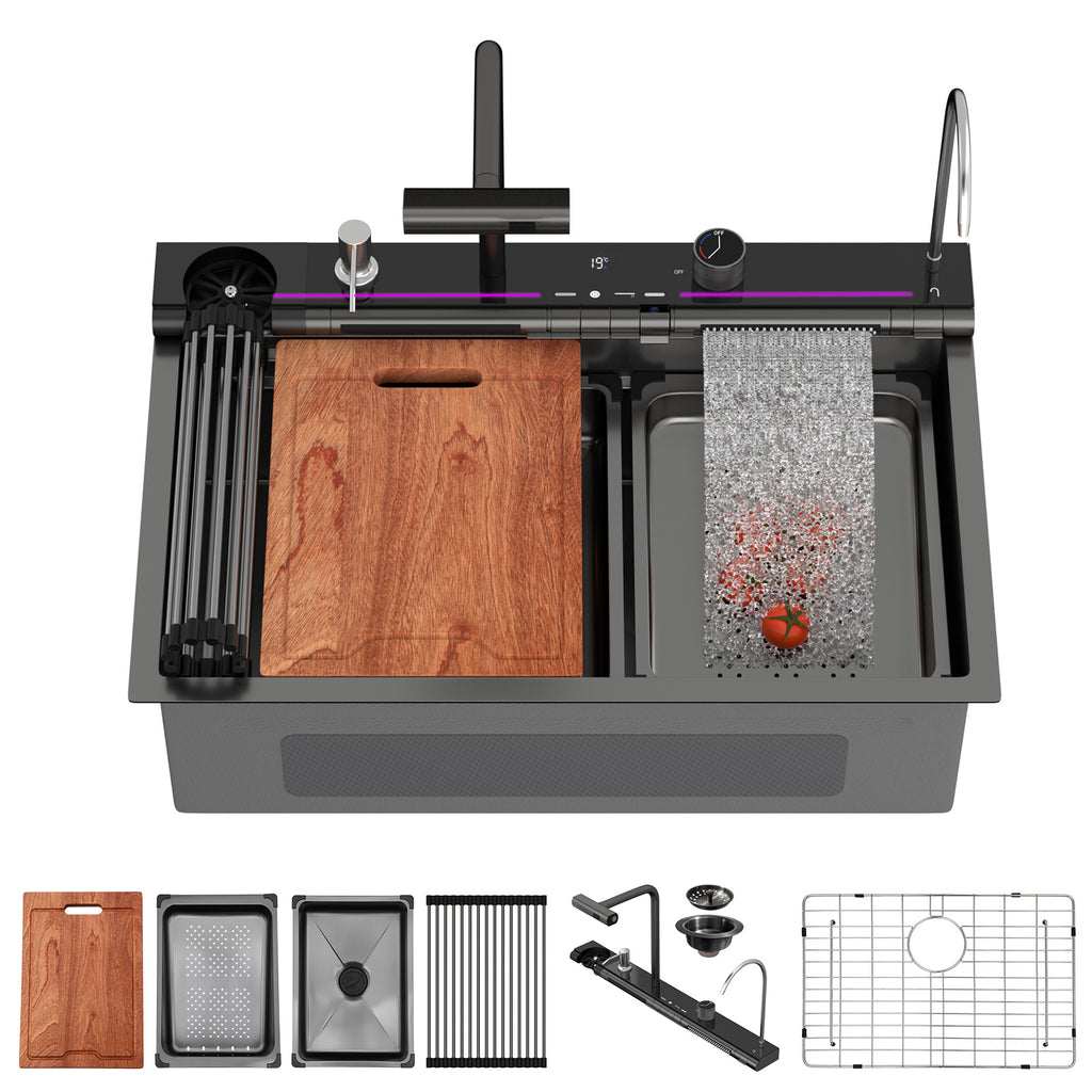 Logmey 30 Inch Drop In Smart Waterfall Kitchen Sink with Digital Temperature Display Brushed Black Topmount Workstation Sink with Flying Rain Faucet