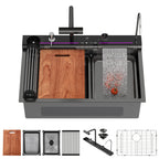 Logmey 30 Inch Drop In Smart Waterfall Kitchen Sink with Digital Temperature Display Brushed Black Topmount Workstation Sink with Flying Rain Faucet