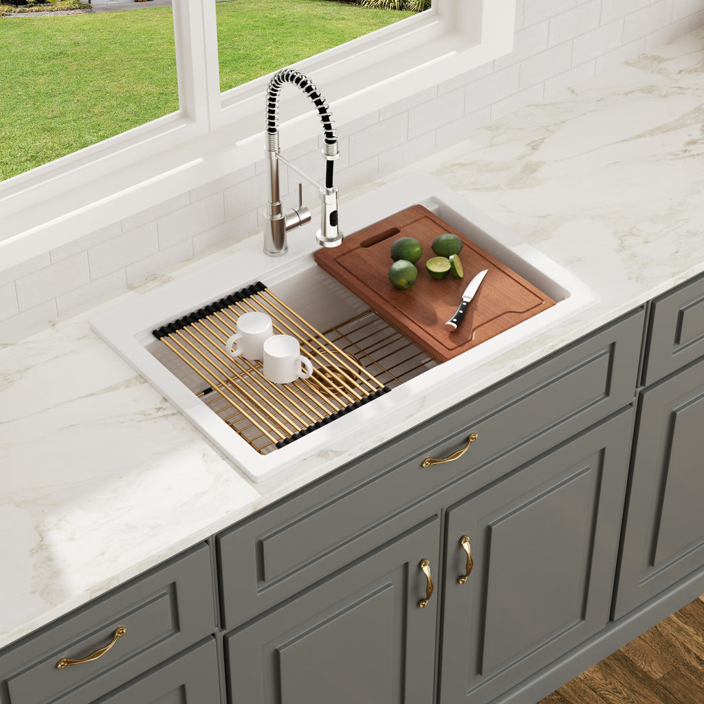 Logmey 33x22 Heavy Duty Glossy White Ceramic Drop-In Culinary Workstation Kitchen Sink Combo
