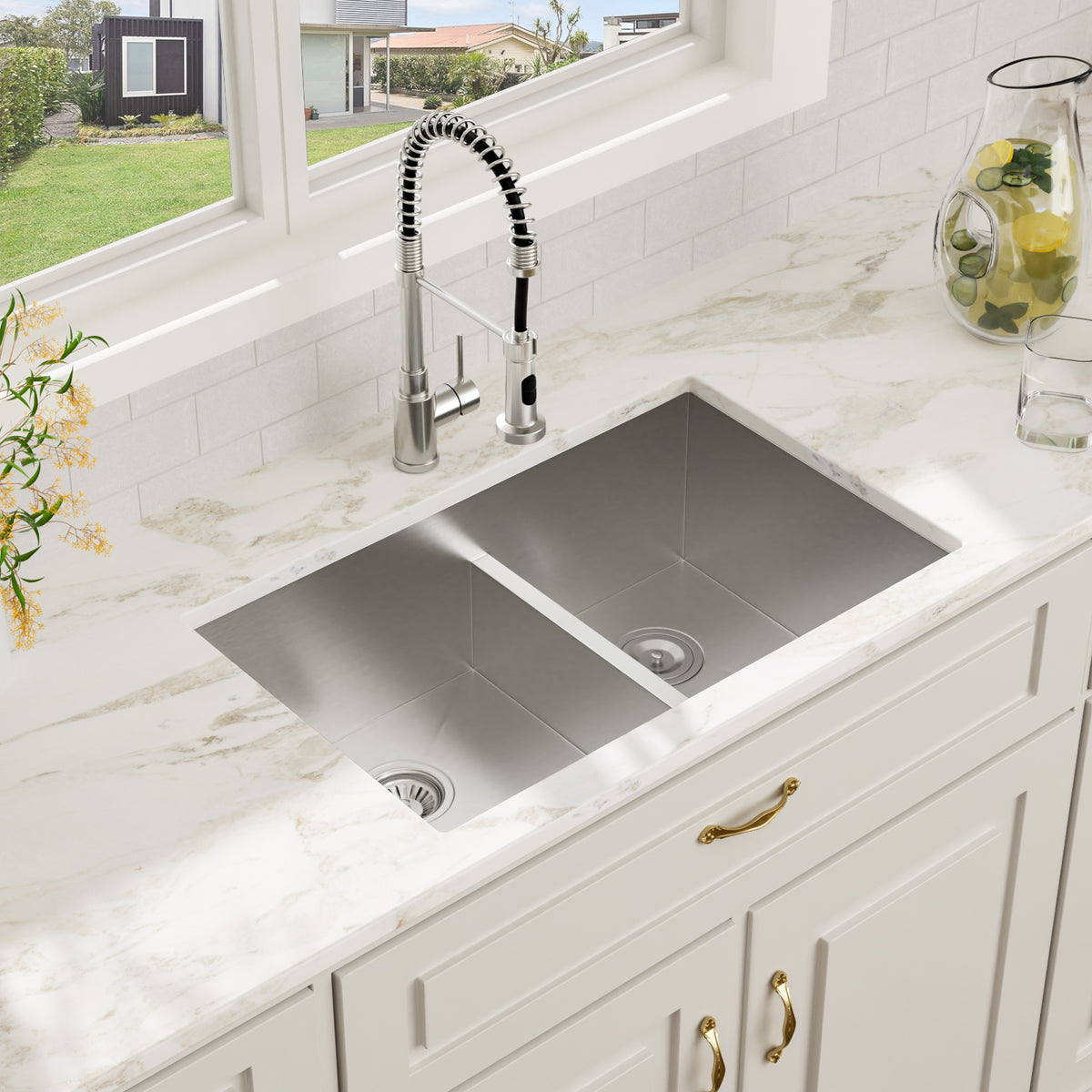 Logmey 30x19 Seamless Undermount 60/40 Double Bowl Kitchen Sink Combo