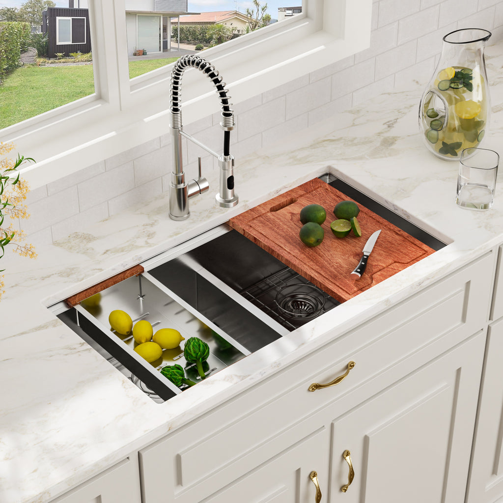 36'' x 19'' 16 Gauge Workstation Undermount 50/50 Double Bowl Low Divide Stainless Steel Kitchen Sink with with Colander, Cutting Board, Strainer and Dish-Drying Rack