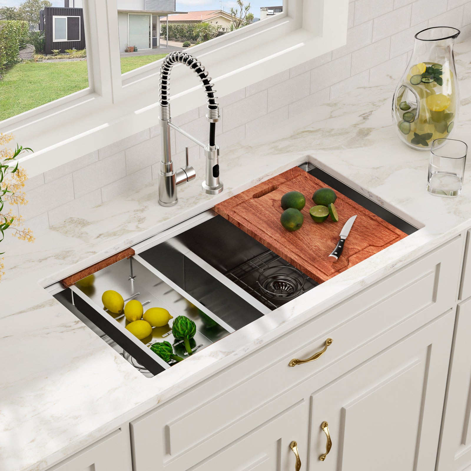 36'' x 19'' 16 Gauge Workstation Undermount 50/50 Double Bowl Low Divide Stainless Steel Kitchen Sink with with Colander, Cutting Board, Strainer and Dish-Drying Rack