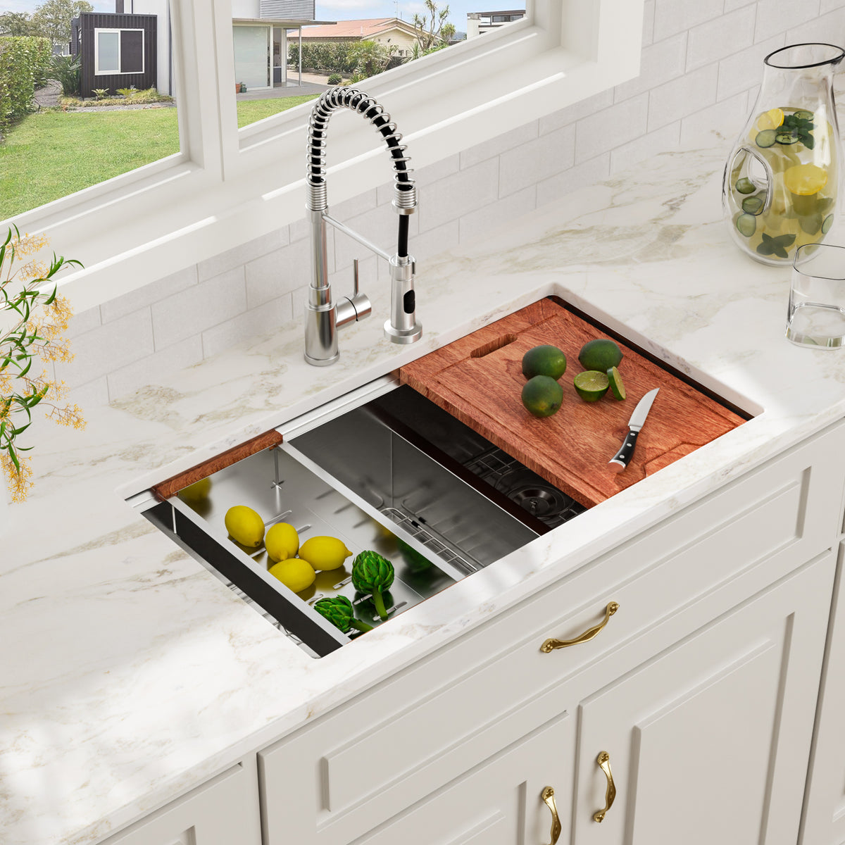 Logmey 33''x 19'' Undermount 16 Gauge Stainless Steel Workstation Double Bowl Kitchen Sink -50/50 Low-Divide