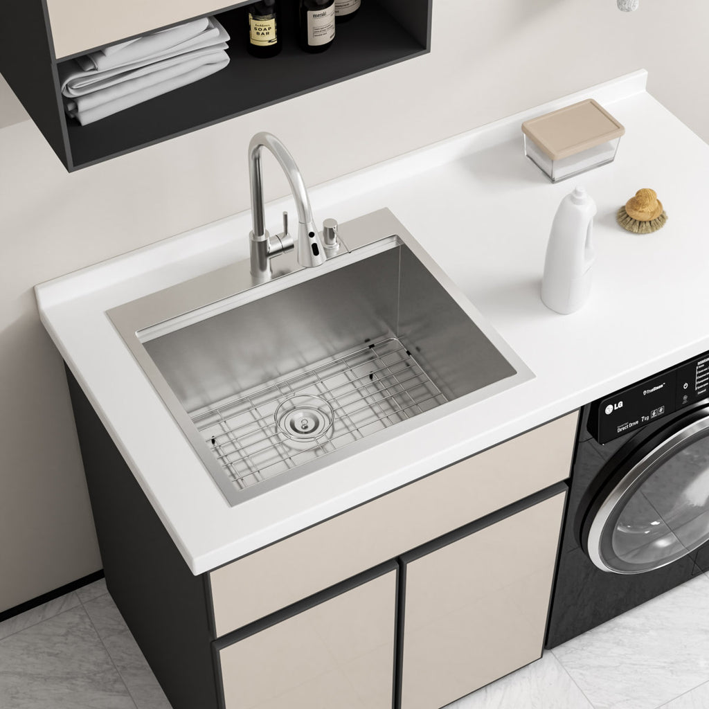 25'' L x 22'' W x 12'' H Drop-In Laundry Utility Workstation Sink Large  Deep Single Bowl Stainless Steel Topmount Kitchen Sink Capacity Yard Sink with Faucet.