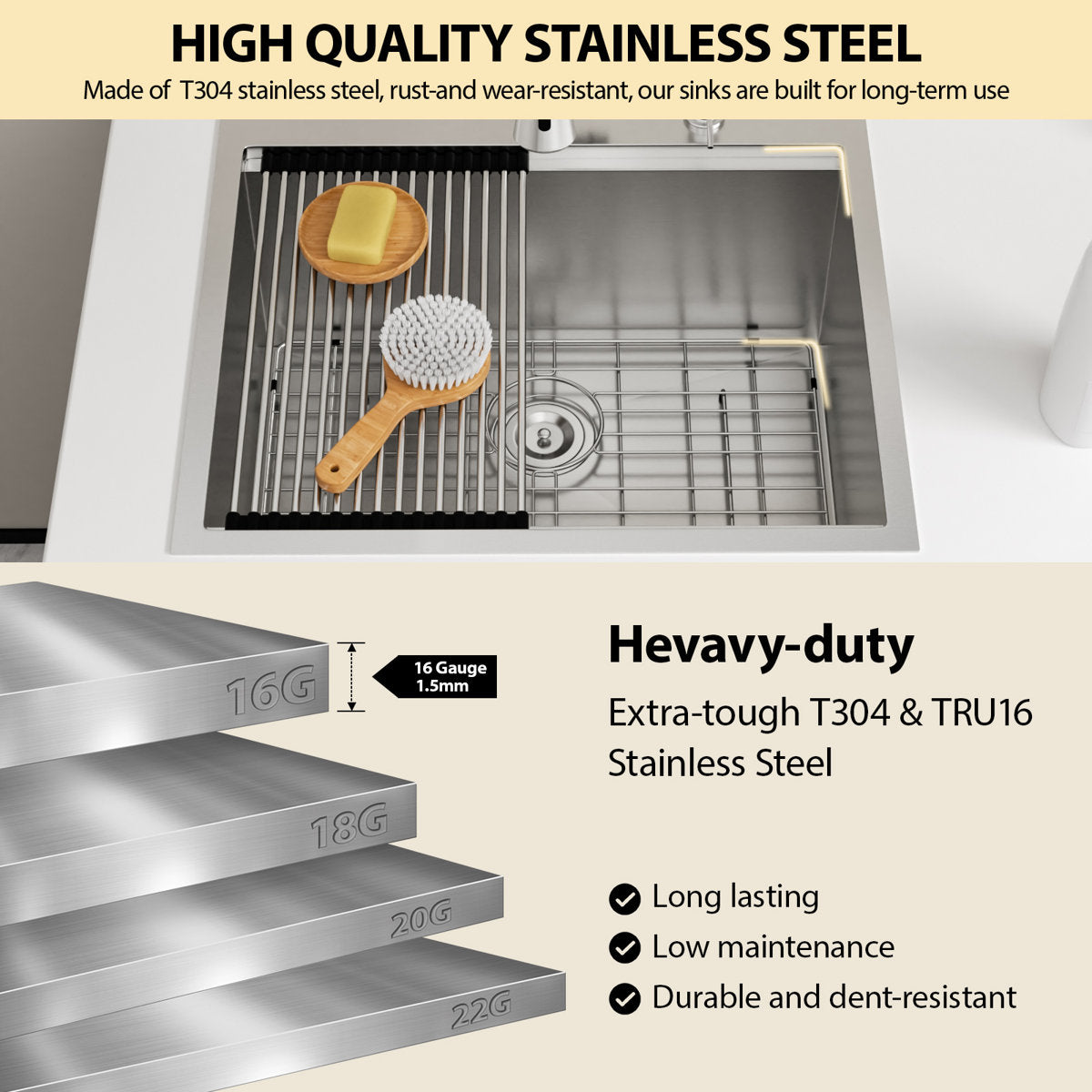 25'' L x 22'' W x 12'' H Drop-In Laundry Utility Workstation Sink Large  Deep Single Bowl Stainless Steel Topmount Kitchen Sink Capacity Yard Sink with Faucet.