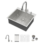 25'' Topmount 16 Gauge Single Bowl Stainless Steel Drop-In Kitchen Sink with Accessories