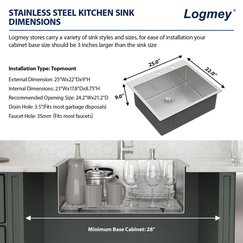 25'' Topmount 16 Gauge Single Bowl Stainless Steel Drop-In Kitchen Sink with Accessories