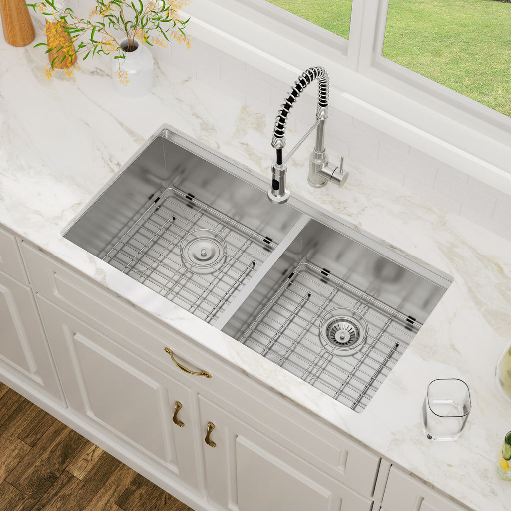 36'' x 19'' 16 Gauge Workstation Undermount 50/50 Double Bowl Low Divide Stainless Steel Kitchen Sink with with Colander, Cutting Board, Strainer and Dish-Drying Rack