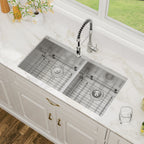 36'' x 19'' 16 Gauge Workstation Undermount 50/50 Double Bowl Low Divide Stainless Steel Kitchen Sink with with Colander, Cutting Board, Strainer and Dish-Drying Rack