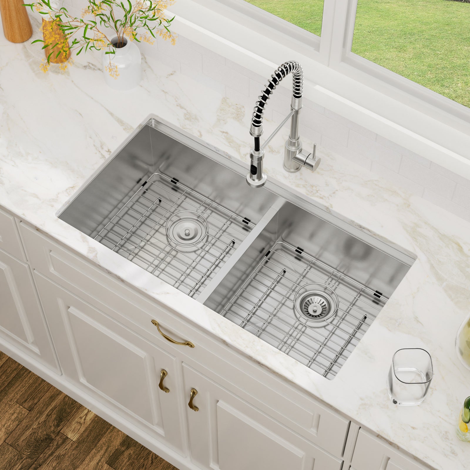 36'' x 19'' 16 Gauge Workstation Undermount 50/50 Double Bowl Low Divide Stainless Steel Kitchen Sink with with Colander, Cutting Board, Strainer and Dish-Drying Rack