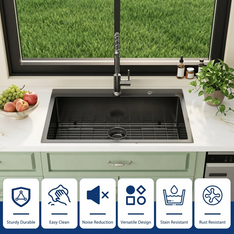 Logmey 30" x 22" Drop-in Kitchen Sink - Gunmetal Black Stainless Steel Single Bowl Topmount Sink