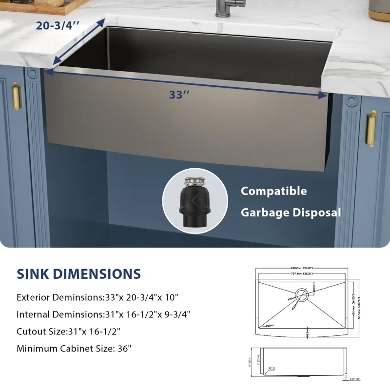 Logmey 33" x 21" Farmhouse Kitchen Sink - 16 Gauge Stainless Steel Single Bowl Apron Front Sink