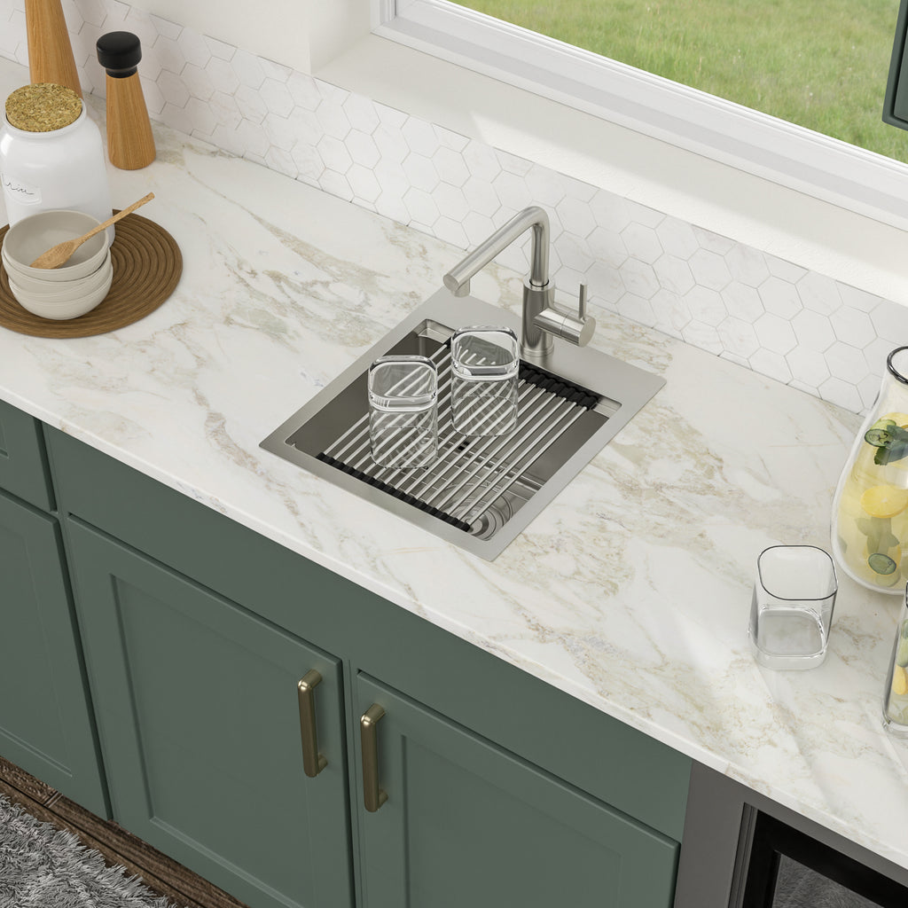 Logmey 15" Outdoor Undermount Workstation Sink with Faucet Set for Backyard, Bar & RVorkstation Bar Sink - Drop-In Single Bowl with Pull-out Faucet - Silver Stainless Steel